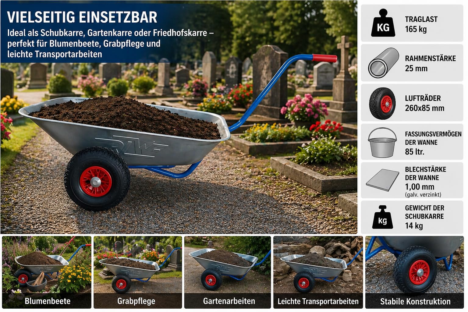RLW Schubkarre Gartenkarre Handwagen 85 L – robuste Friedhofskarre Transportkarre Gartenwagen aus Metall für Blumenbeete, Grabpflege & Gartenarbeit – 165 kg Traglast, Luftrad, stabil & langlebig