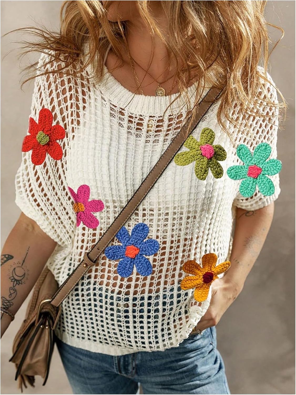 Women's Floral Crochet Tops Hollow Out Dolman Sleeve Applique Sweater Boho Summer Spring Top - Image 2