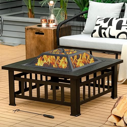 Miniatura 9 de Giantex Pozo de fuego para exteriores de 32 pulgadas, mesa cuadrada 3 en 1, fogata multifuncional para patio exterior, porche, jardín, estufa de