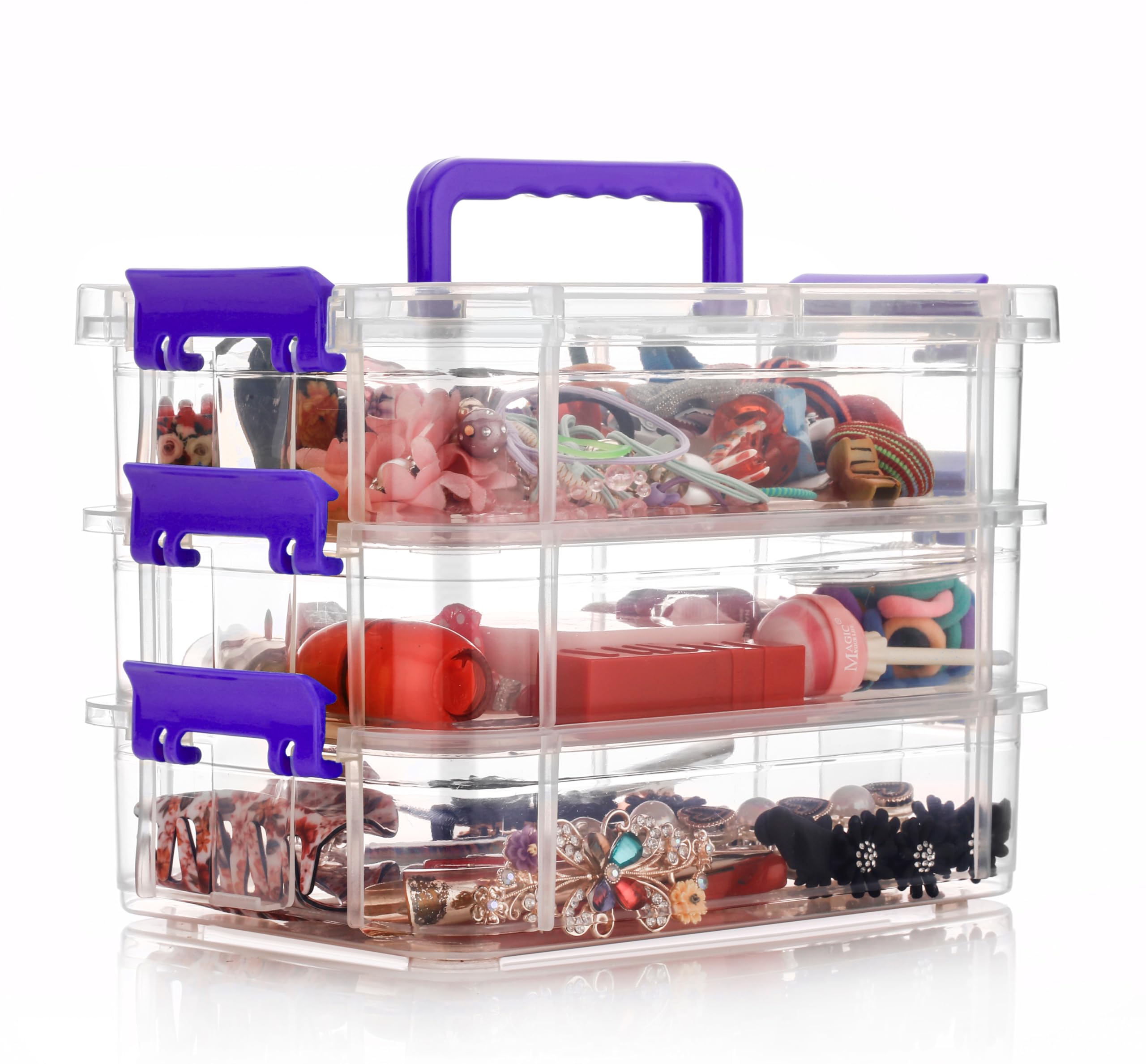 TEX-RO 3 Layer Plastic Box for Storage - Stationary Organizers Box with Lid, Multipurpose Plastic Organizer for Home & Office Storage, stationery box (Purple)
