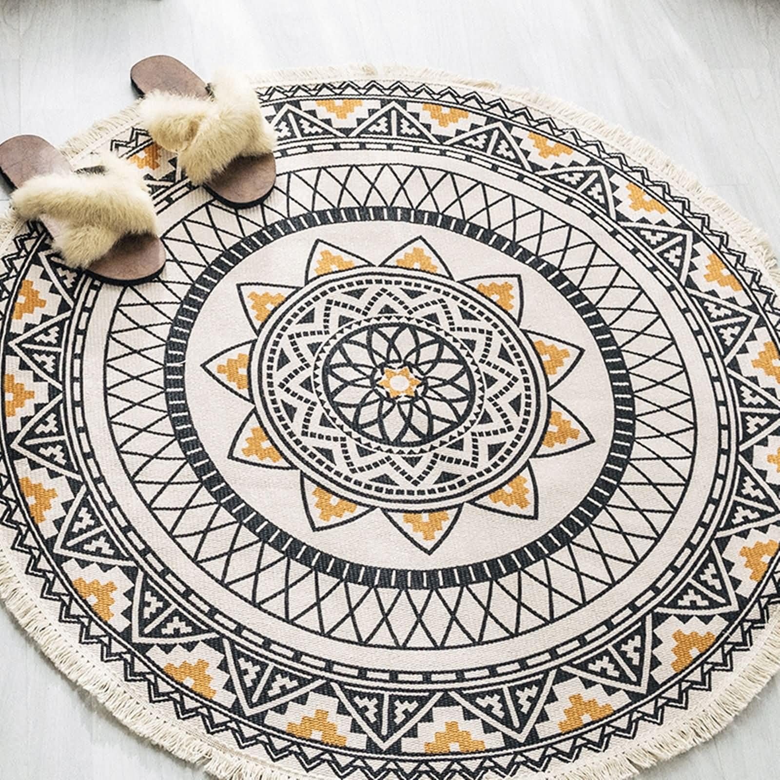 Teppich Wohnzimmer Rund, Baumwoll-Leinen Vintage Böhmische Blumen 150CM Teppich für Wohnzimmer, Küche Schlafzimmer, & Kinderzimmer, Grau Gelb, Stil 1