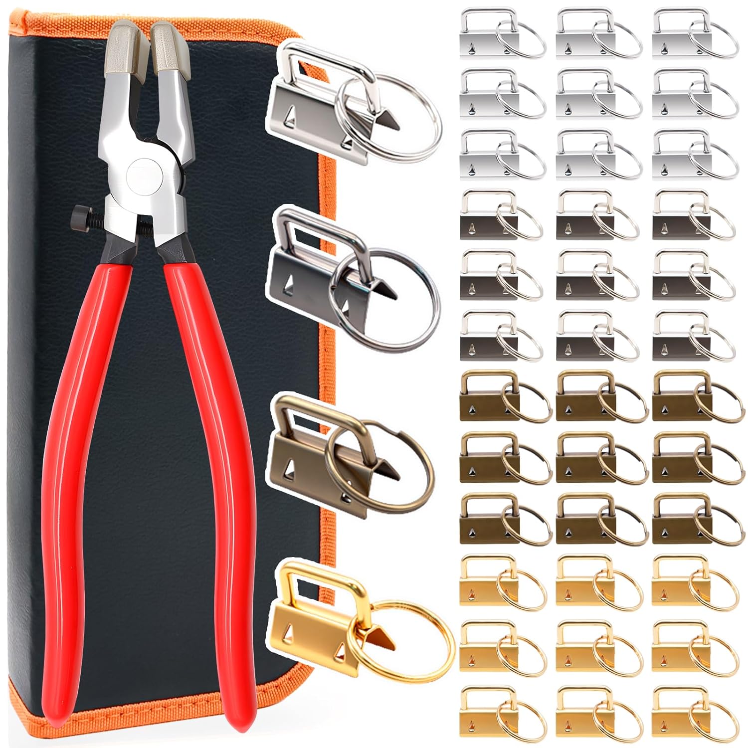 42Pcs 1 Inch Key Fob Hardware with Glass Running Pliers & Leather Zipper Bag, 4 Colors Keychain Making Kit for Wristlet Keychain Lanyard DIY Craft Projects