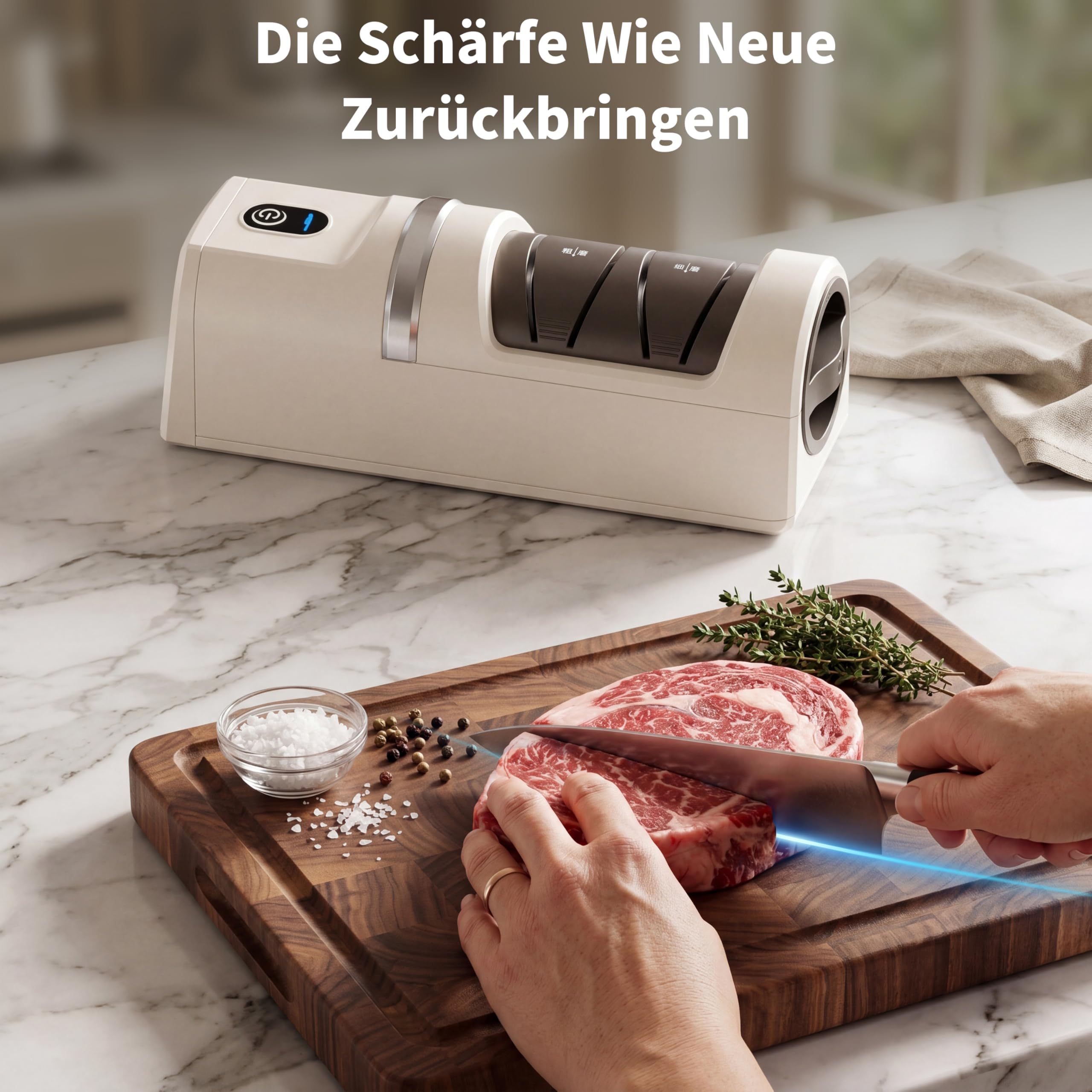 Elektrischer Messerschärfer 5-in-1 mit 3-Geschwindigkeiten, wiederaufladbarer Diamantmesserschärfer für raue und feine Schärfe (Weiß)