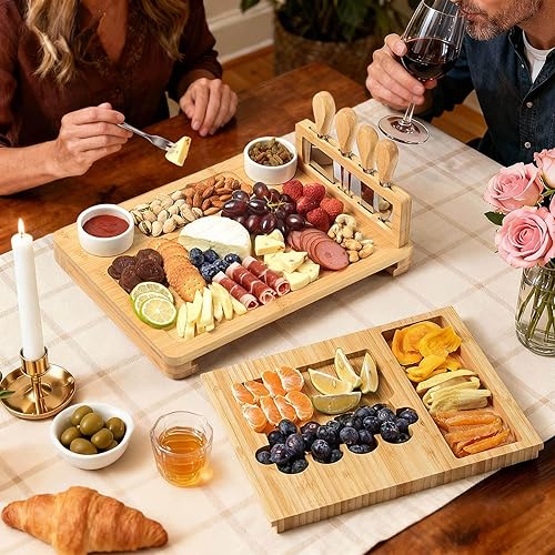 Miniatura 12 de Juego de tablas de queso de bambú, tablas de charcutería y plato de carne para servir, bandeja de queso con 4 cuchillos de queso de acero