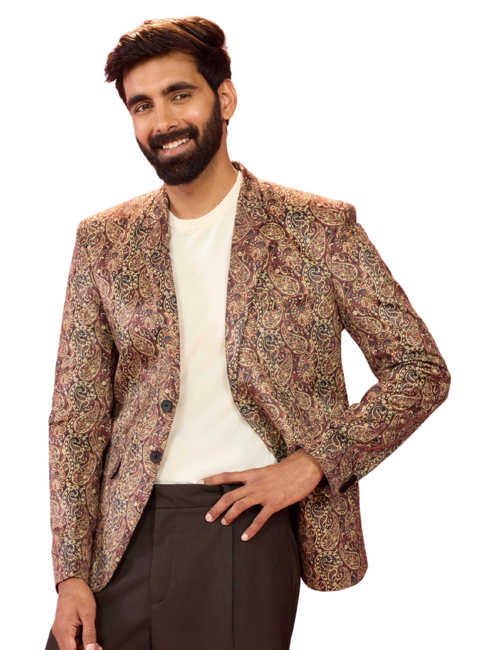 Men Velvet Patch Paisley Digital Print Notch Collar Wedding Blazer | All-Over Print | Satin Lining