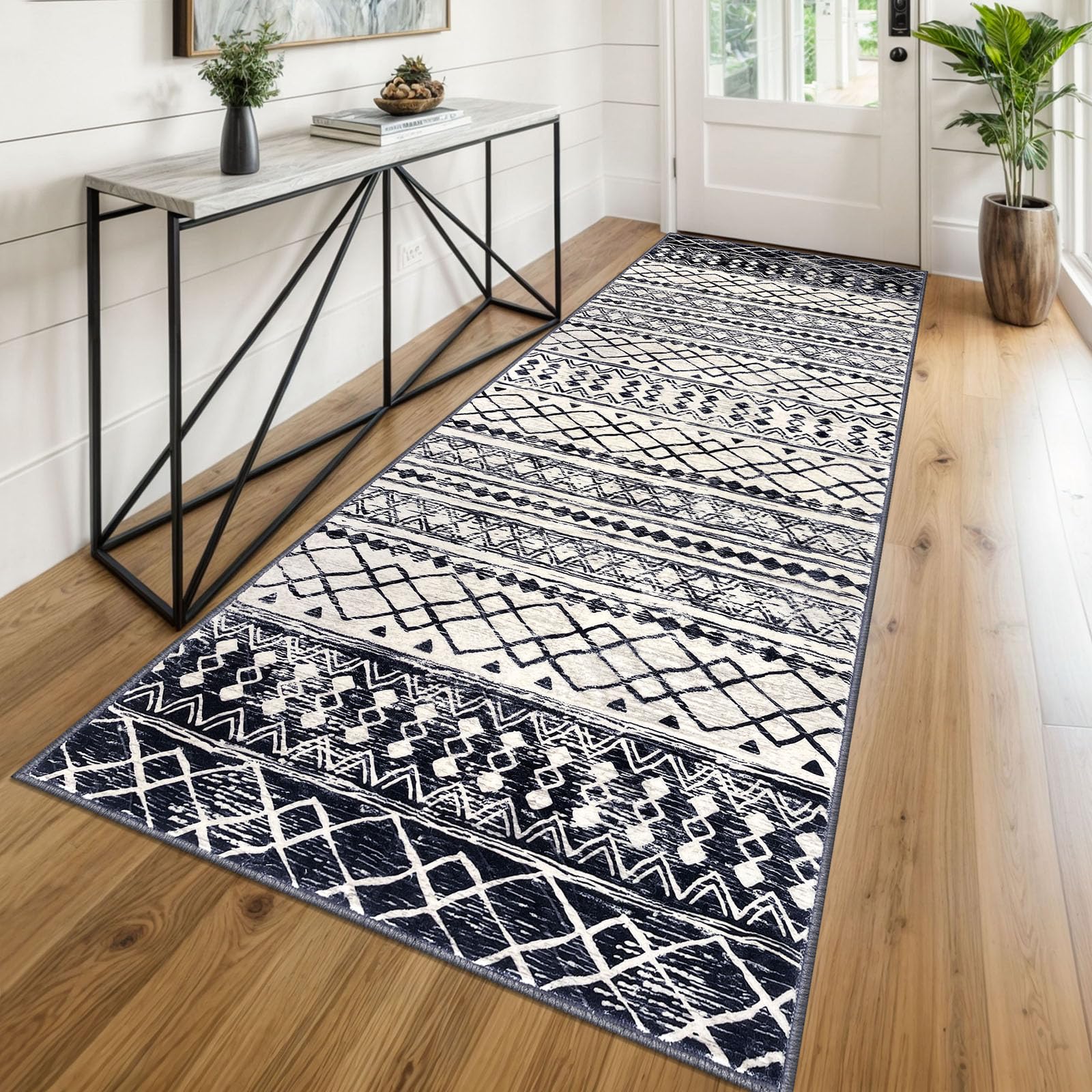 KUTA Moroccan Kitchen Rugs 3x8, Non-Slip Vintage Black Navy Blue Boho Hallway Runner Rug Ultra Soft Print Geometric Floor Carpet Runners for Bedroom