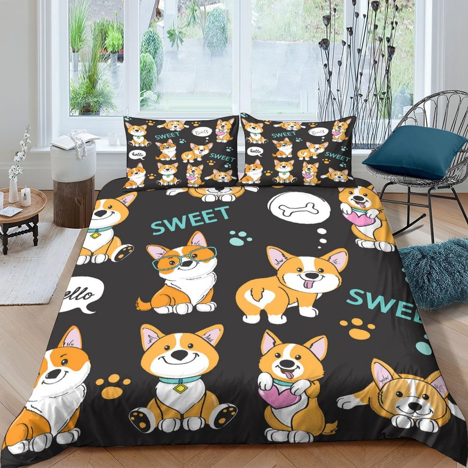 Ctjqhvkz Style-7 3D Printed Cartoon Corgi Fitted Sheet Microfiber Anti-Slip Cute Dog Bed Cover For Bedroom Dorm Easy Care Decor Single（135X200cm）