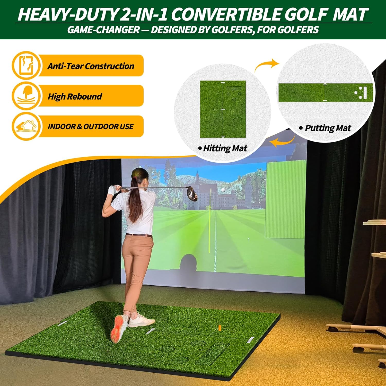 7x7ft Golf Hitting Net System with 5x4ft Dual-Mode Golf Hitting Putting Mat