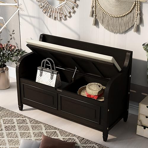 Miniatura 15 de P PURLOVE Banco de almacenamiento de estilo rústico de 42 pulgadas con bisagra de seguridad, banco de almacenamiento multifuncional de madera maciza