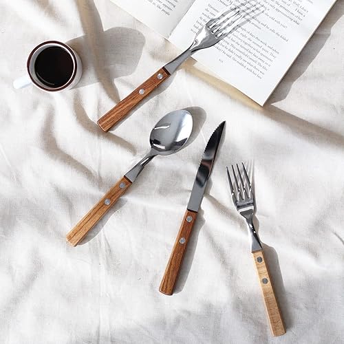 Miniatura 2 de Juego de 6 piezas (2 juegos) de mango de madera de primera calidad, cuchillo de cena, tenedor y cuchara