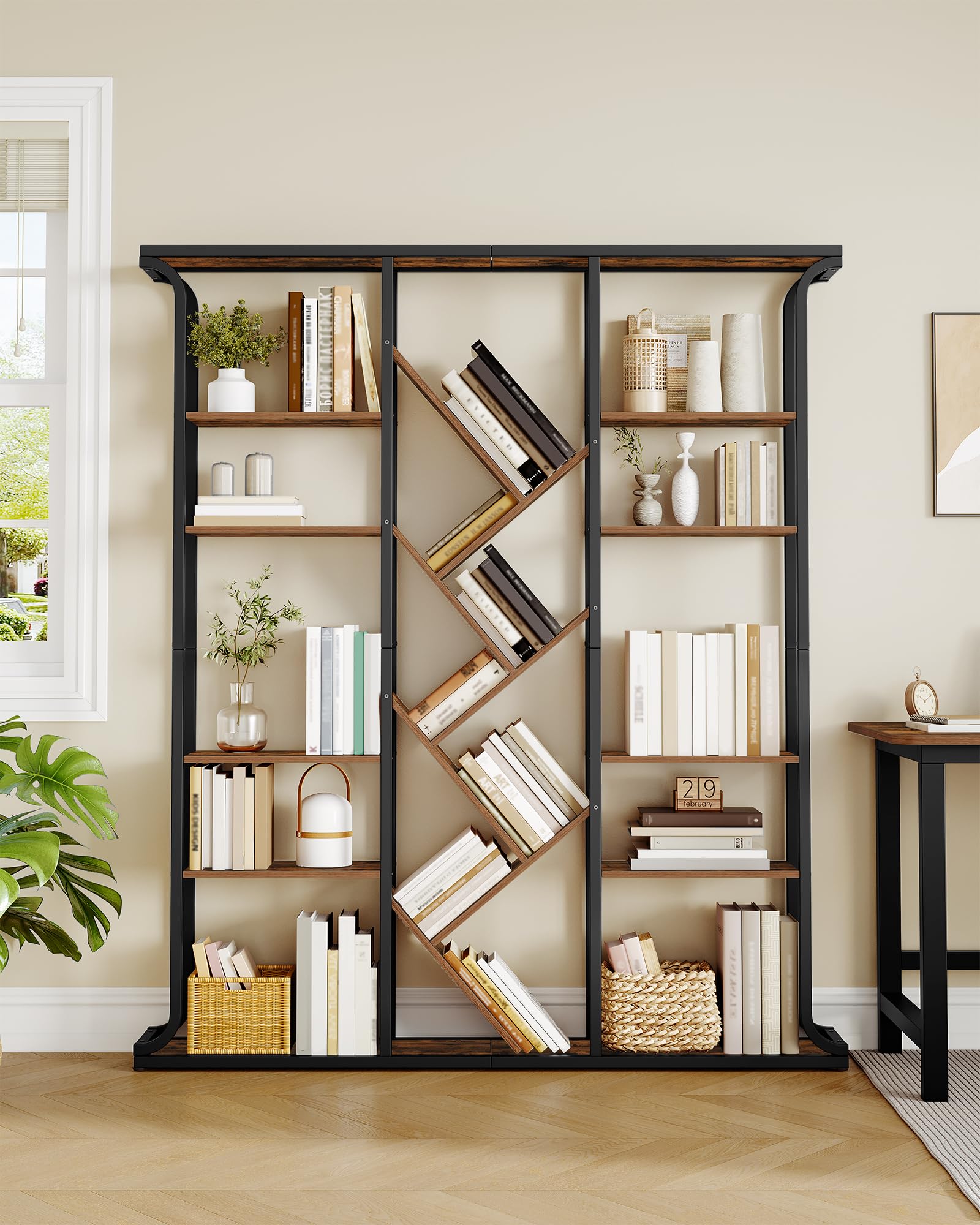 Hzuaneri Bücherregal, 3 Säulen 6 Tier Baumförmiges Bücherschrank, 17 Fächer offene unabhängige Regale, für Home-Office, Schlafzimmer, Wohnzimmer, 24 x 156 x 180 cm Vintage Braun-Schwarz BC53201B