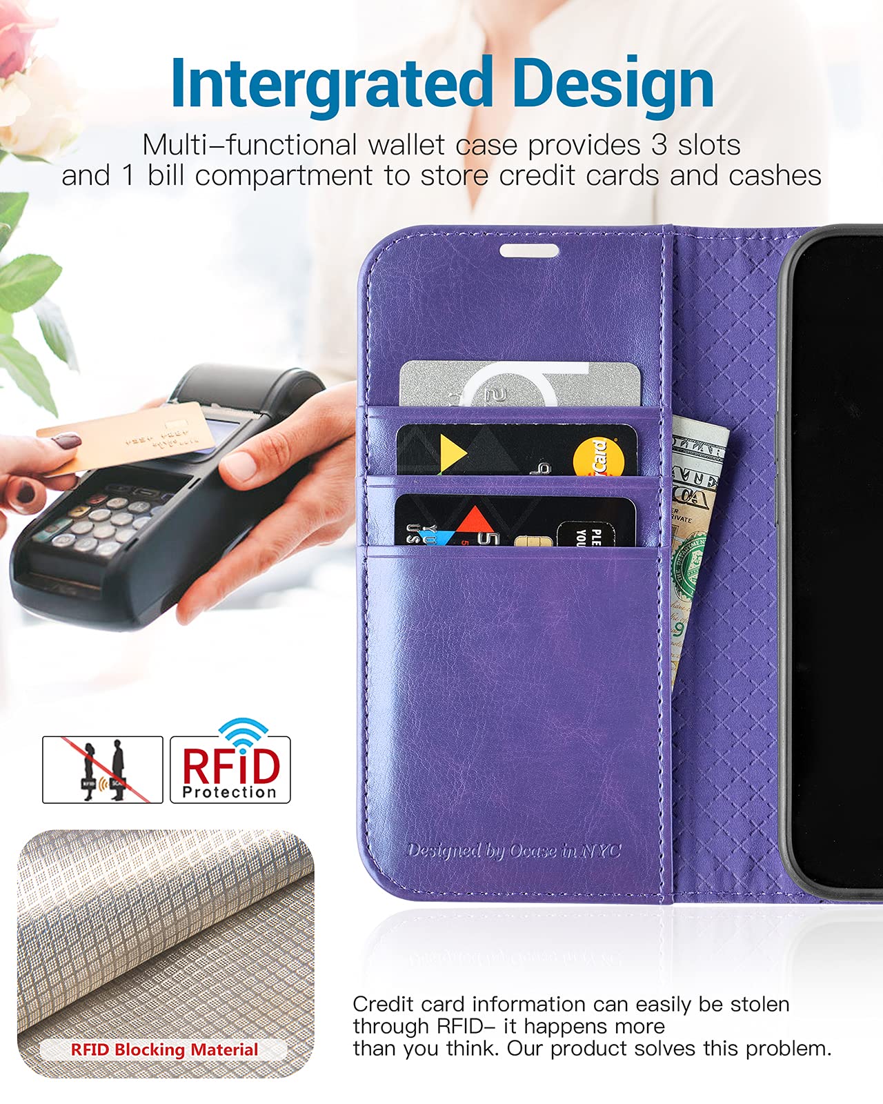 Étui Portefeuille IPhone 13 OCASE - Protection Anti-choc - Blocage RFID - Porte-cartes - Béquille - Noir