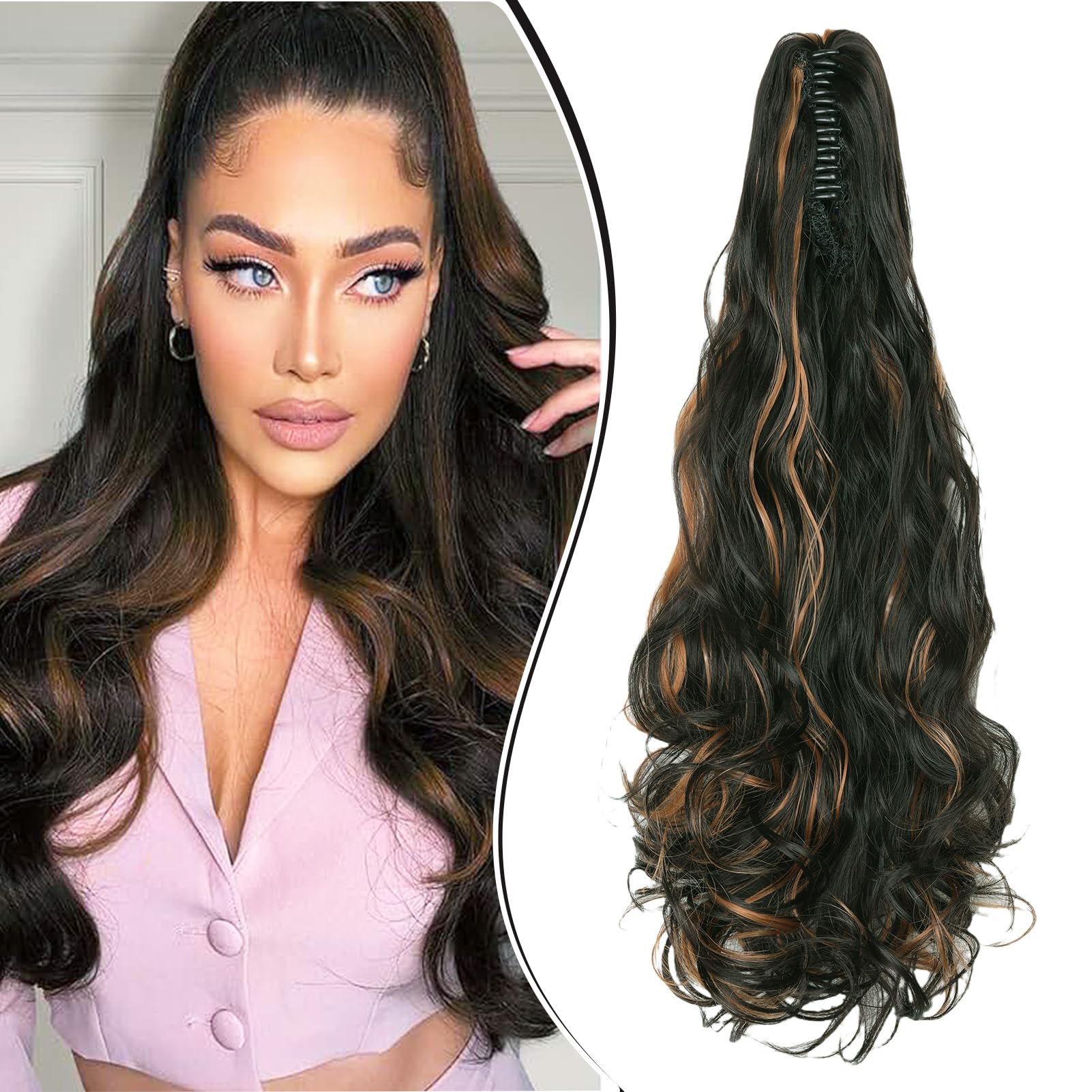 Dcbaboo Ponytail Extension Curly 18inch Claw Clip in Ponytail Hair Extensions Long Wavy Synthetic Pony tails Natural Wave One Piece Hairpiece Fake Ponytail for Women Dark Brown & Auburn