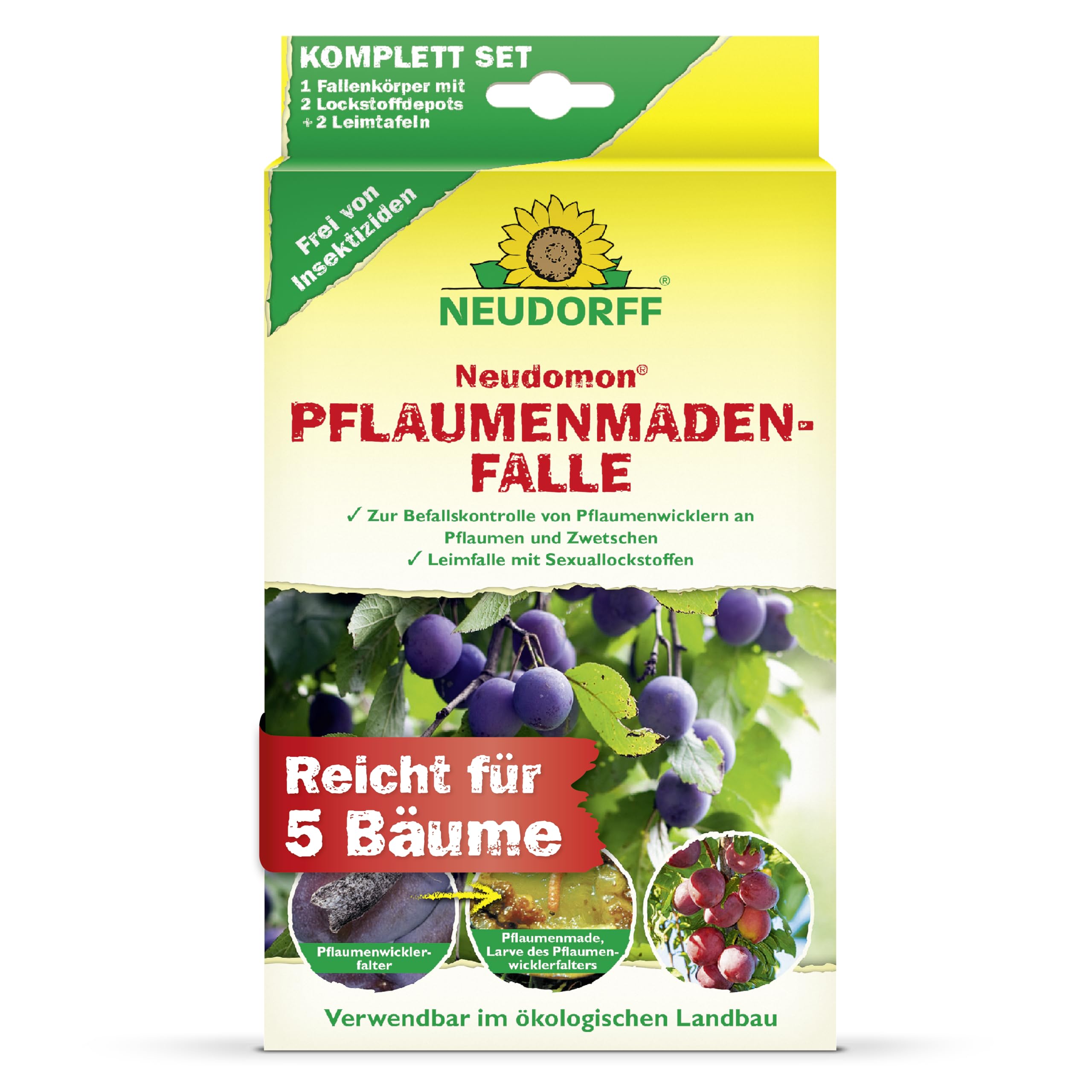 Neudorff Neudomon PflaumenmadenFalle – Nachfüllbare Falle mit Speziallockstoff gegen Pflaumenwickler schützt Pflaumen & Zwetschen vor Madenbefall, 1 Set