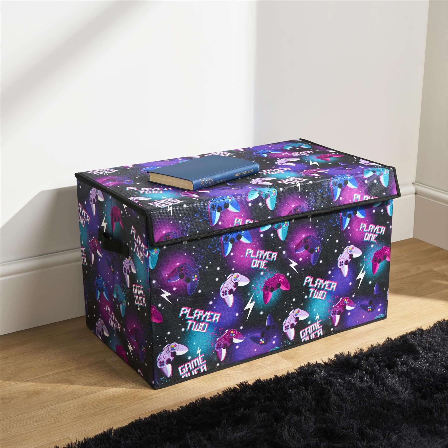 OHS Gaming Foldable Storage Box with Lid, Large Collapsible Storage Box Wardrobe Organizer Bin with Handle Fabric Basket Organizer for Clothes Book Shelf Office, Neon
