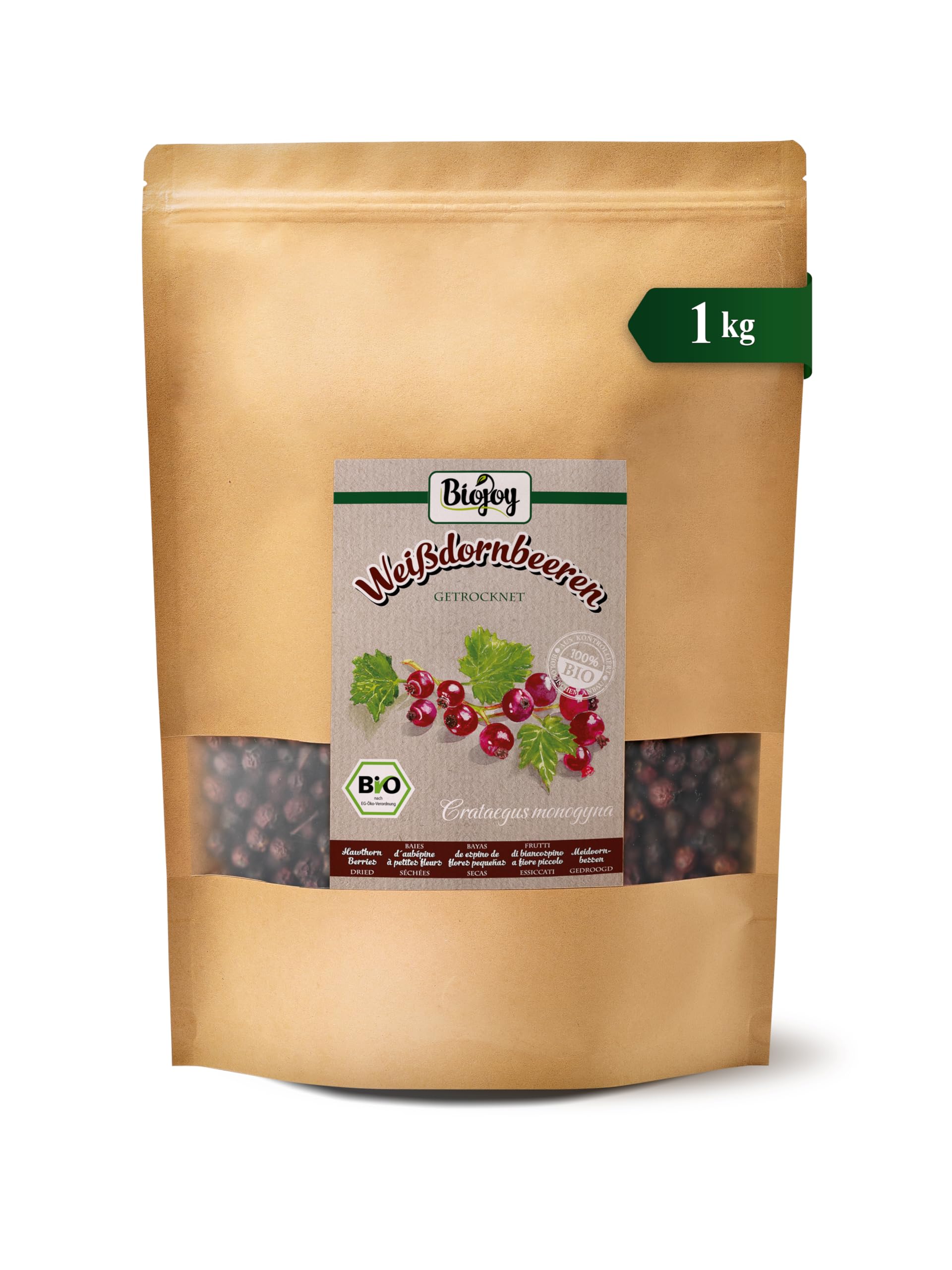 Biojoy BIO-Weißdornbeeren getrocknet (1 kg), ganz, Weißdorn-Tee (Crataegus monogyna)