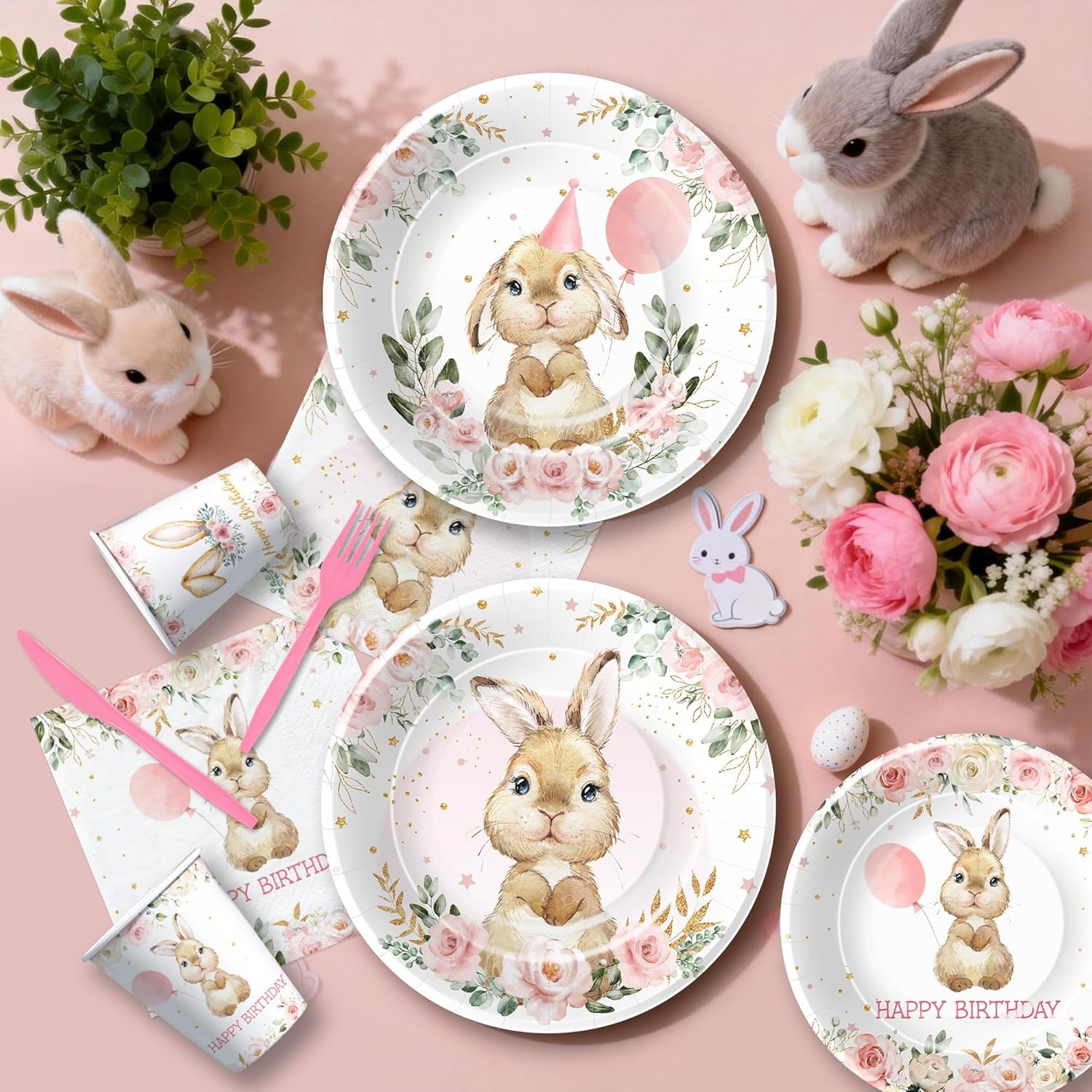 Bunny Birthday Decorations, Pink Rabbit Bunny Birthday Party Supplies, Plate, Cup, Napkin, Banner, Balloon, Tablecloth, Topper, Backdrop, Swirl, Cutlery, for Easter 1st 2nd Birthday, Serves 24