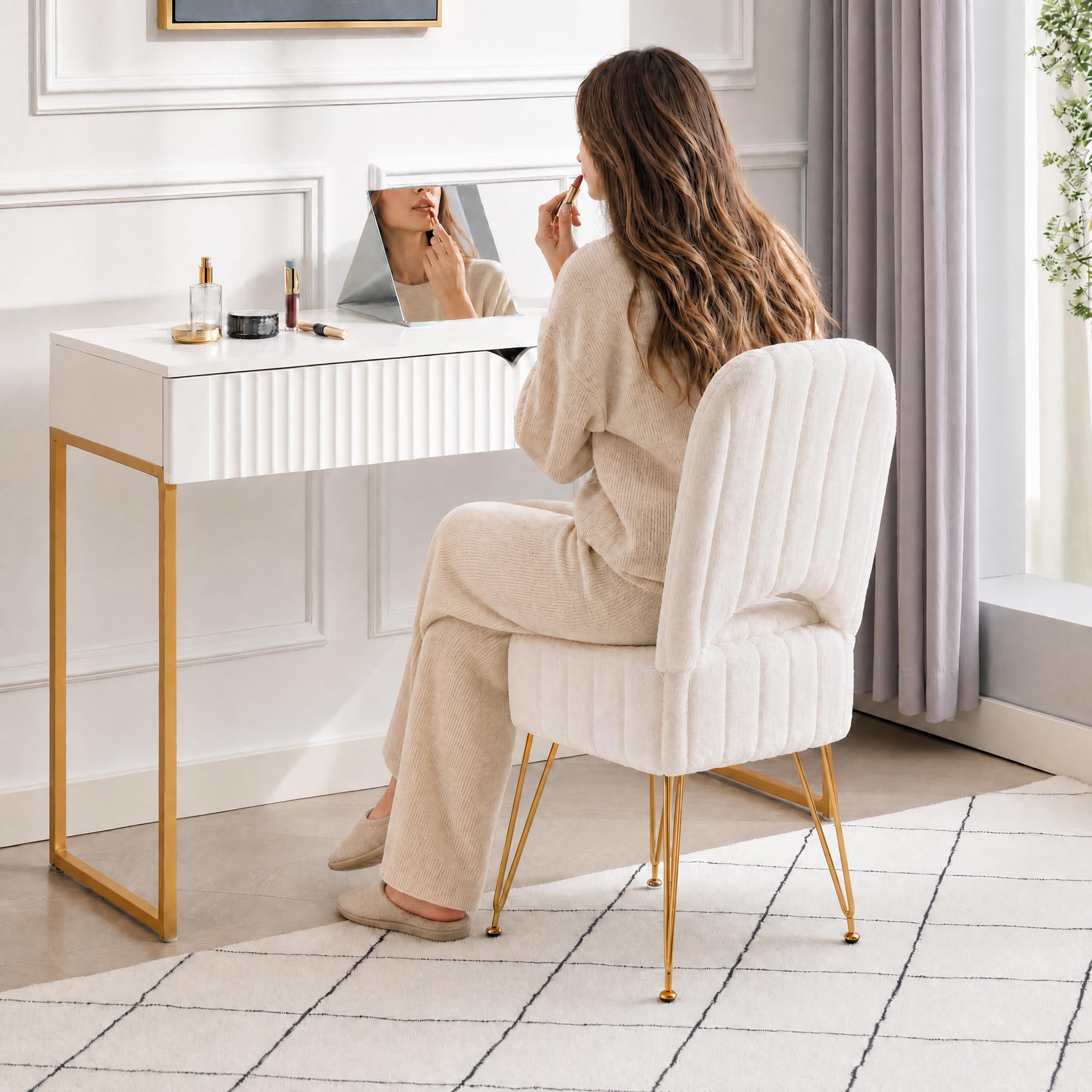 Garvee Chaise Coiffeuse Carré Avec Rangement Et Dossier Rabattable, Blanc