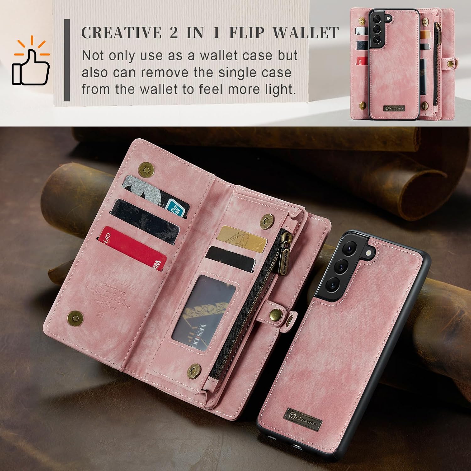 Wallet Case for Samsung Galaxy S21 FE with Card Holder Strap, Folio Leather Wallet, Removable Magnetic Shockproof Protective Back Cover, Zipper Wallet Case for Samsung Galaxy S21 FE Pink