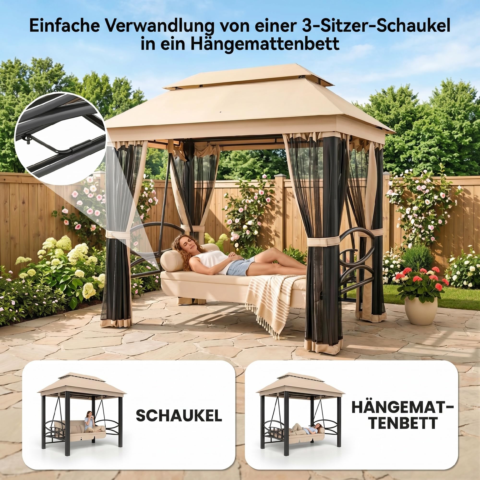 Outsunny Hollywoodschaukel Gartenschaukel Schaukel mit Seitenwänden 3-Sitzer Beige 256 x 172 x 248 cm