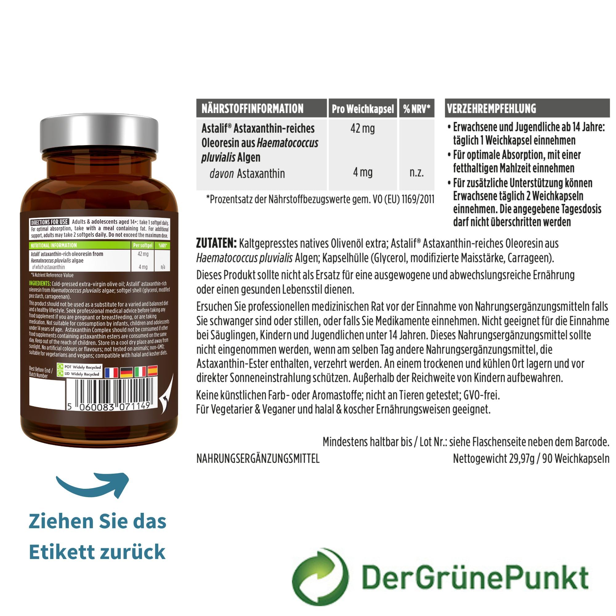 Igennus Ultra Pure Astaxanthin – Antioxidantien-Komplex mit 42 mg H. pluvialis, enthält 4 mg natürliches Astaxanthin, 90 vegane Kapseln, gentechnikfrei