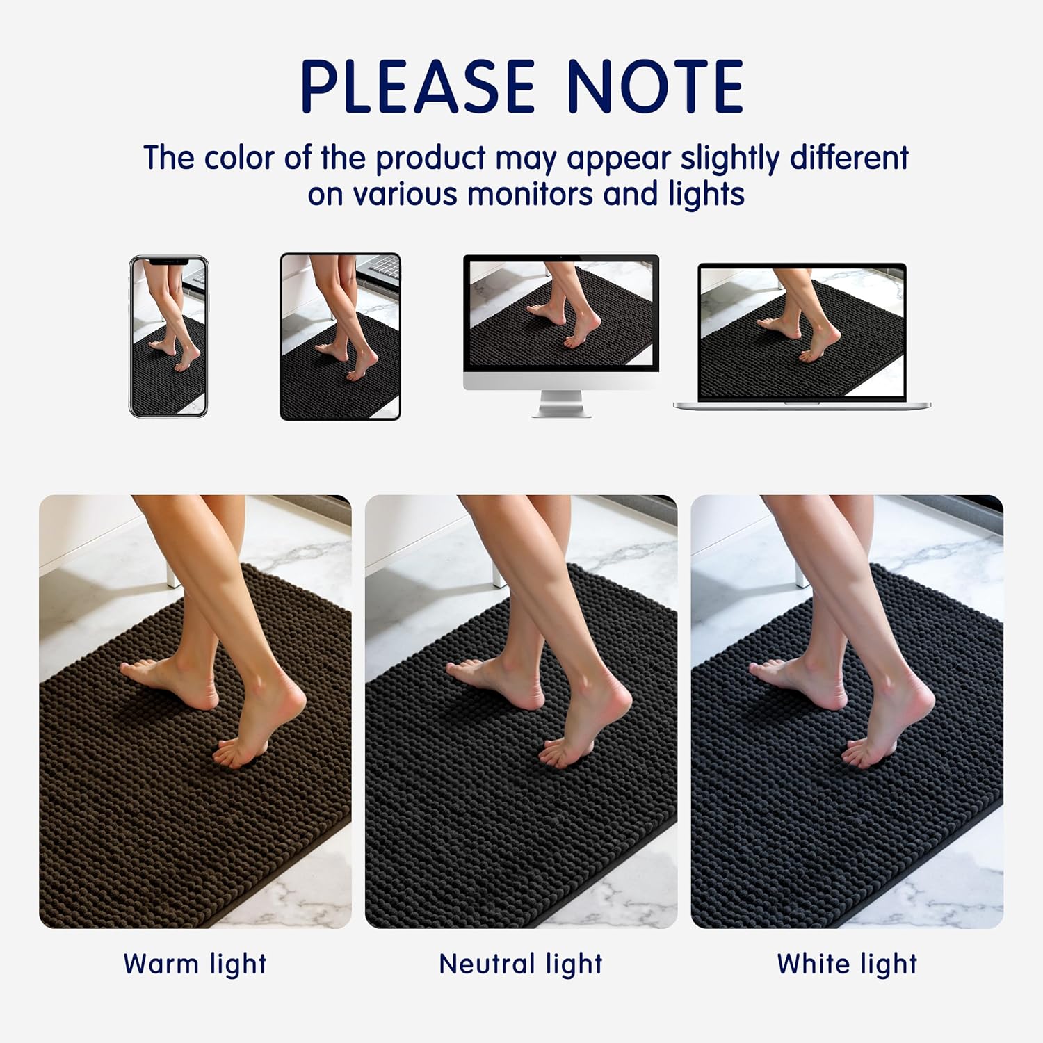 SUBRTEX Bathroom Rugs, 24" x 36" Chenille Bath Rug Soft Short Plush Bath Mat Soft Shower Mat Water Absorbent Shower Mat Quick Dry Machine Washable, Black