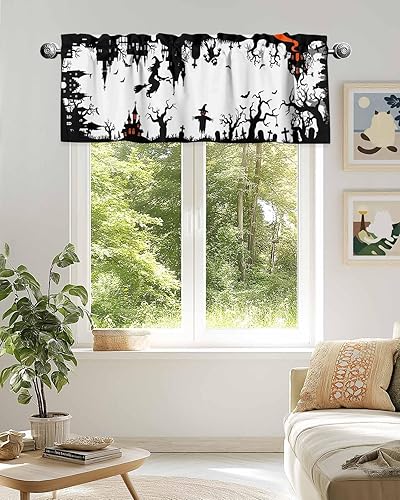 Miniatura 6 de Cortinas de cenefas para cocina, Halloween, bruja volando en una escoba y casa encantada, cenefa de cocina negra, cortinas cortas con bolsillo para