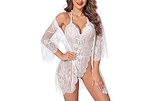 Women Lace Bridal Lingerie Set - Sheer Kimono Robe & Teddy Bodysuit