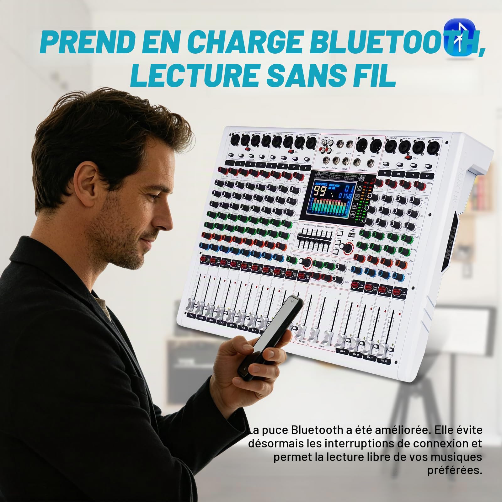 GF12 Console de mixage multifonctionnelle à 12 canaux avec grand écran LCD couleur pour performance sur scène, isolation, mute indépendant, égaliseur à 7 niveaux et 99 effets de réverbération