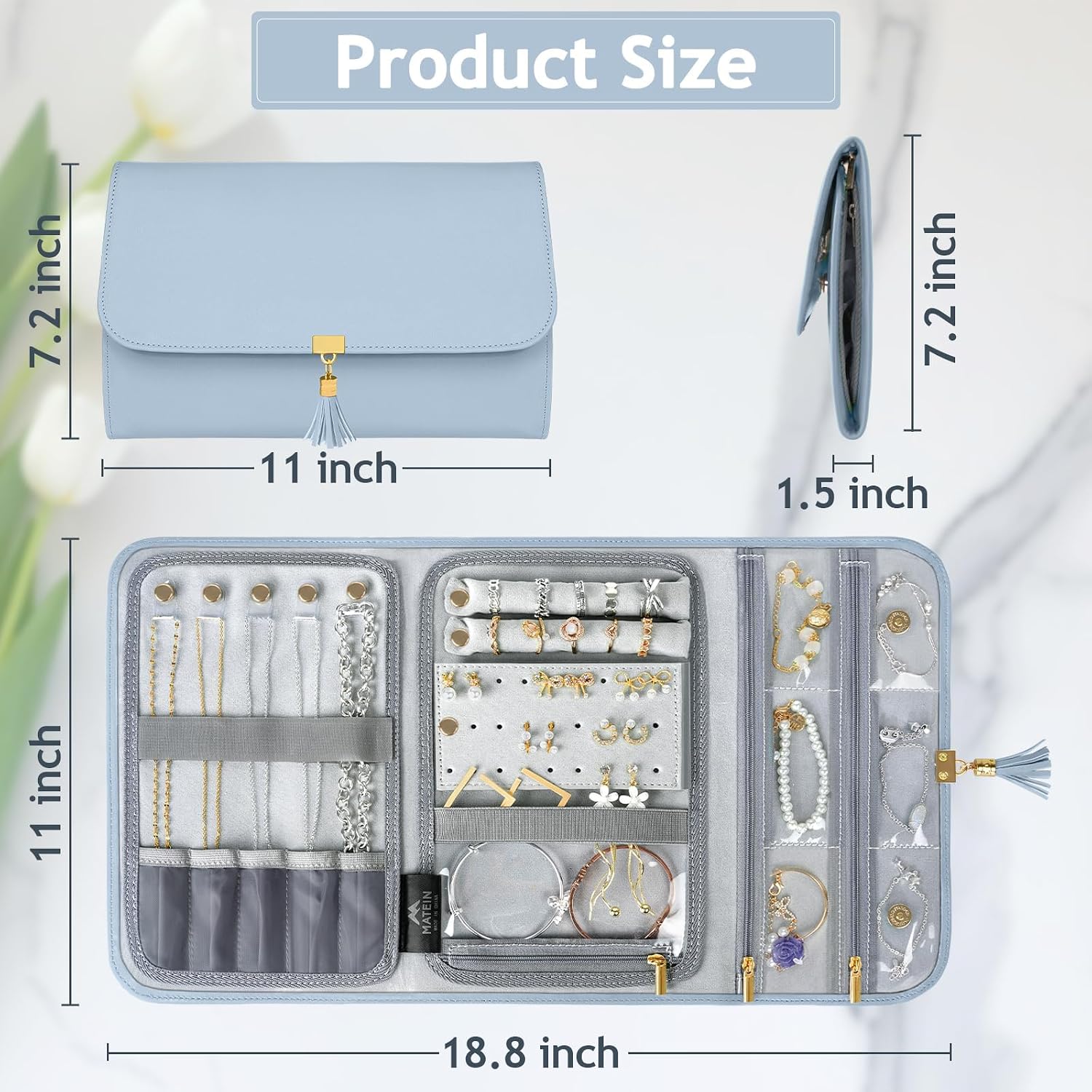 Travel Jewelry Organizer Case, Foldable Waterproof Soft Leather Jewelry Roll, Women Jewelry Bag for Earrings, Rings, Necklaces, Portable Jewelry Storage Pouch, Lightweight (Blue)