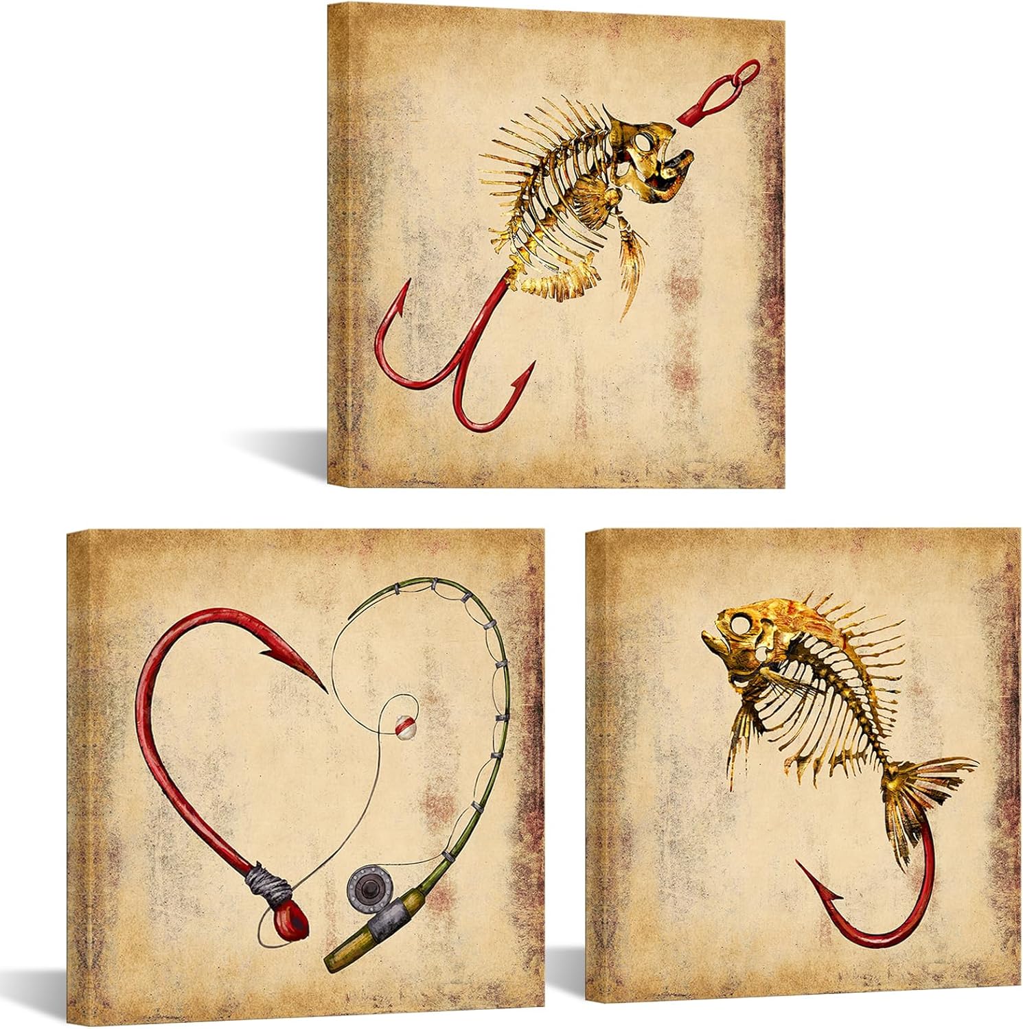 KREATIVE ARTS Rustic Fish Wall Art - Set of 3 Vintage Fishing Prints, Bait & Hook Canvas Décor for Beach or Lake House, Farmhouse, Man Cave, Office, or Living Room 12x12” Panels