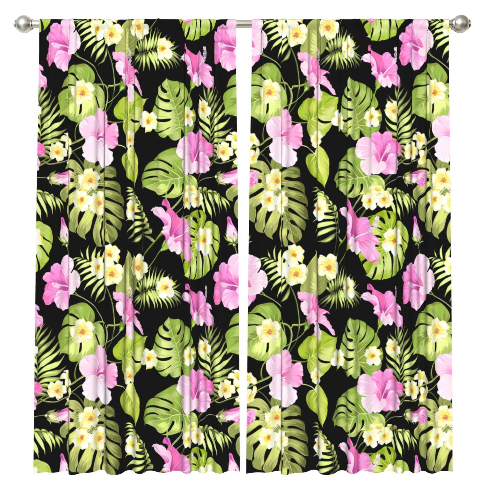 InOmak Tropical Pink Flowers And Jungle Palms, 2 Panels Window Curtains 52 x 84 Inch Blackout Curtains for Living Room Bedroom
