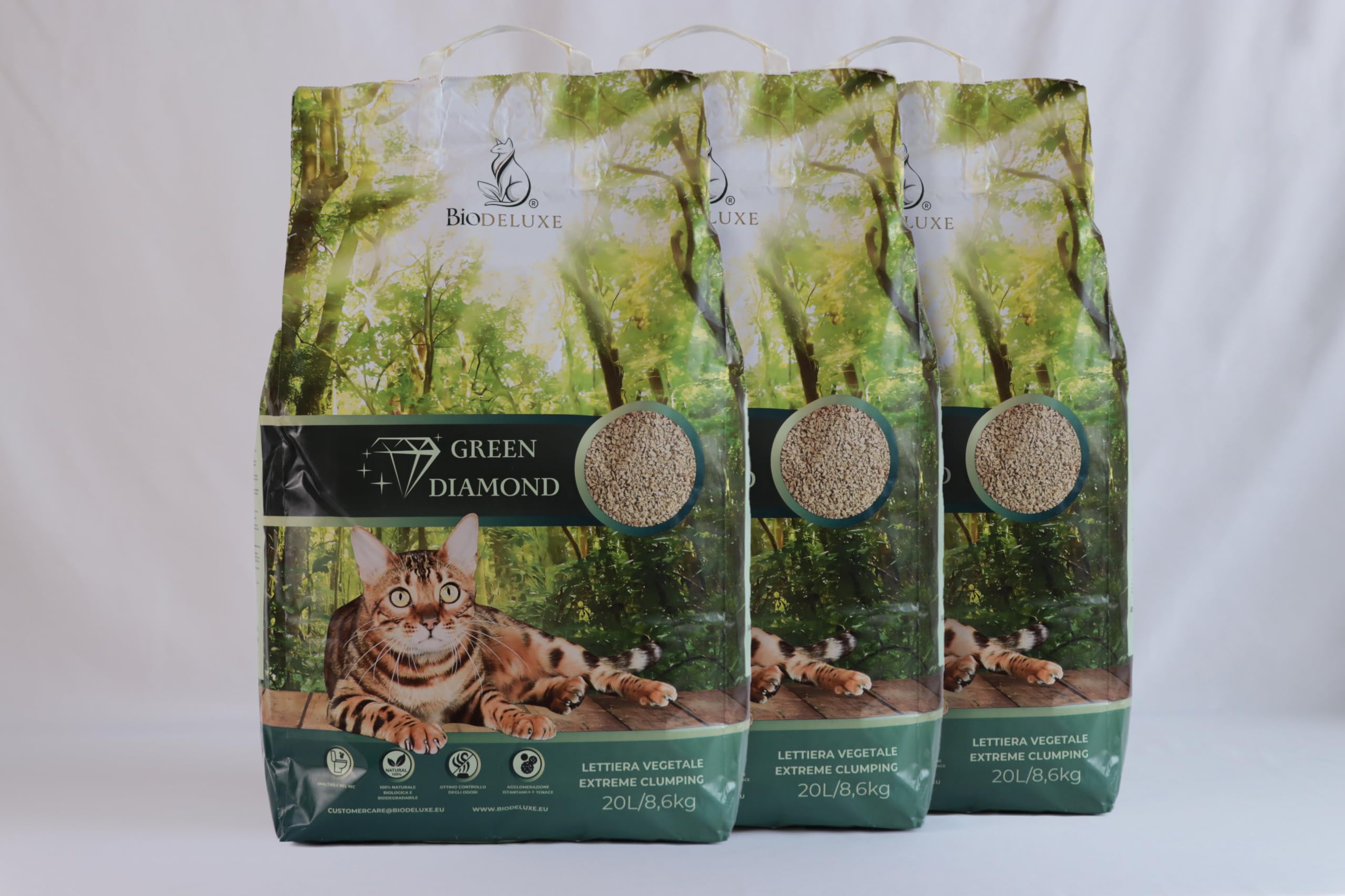 GREEN DIAMOND Lettiera Vegetale Agglomerante per Gatti, Biodegradabile e Compostabile (3X20L) - Disponibile in Formato 10L, 20L, Scorta 30L (3x10L) e Maxi Risparmio 60L (3x20L) (3, 20L)