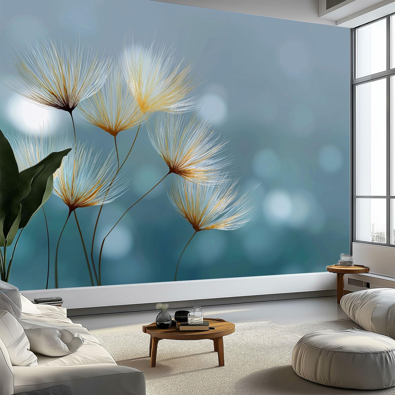 Generisch Tapeta panoramiczna 3D 350 x 256 cm (szer. x wys.), do salonu, sypialni, niebiesko-szara, odporna na promieniowanie UV tapeta z włókniny na ścianę – abstrakcyjne, ciepłe rośliny, mniszek
