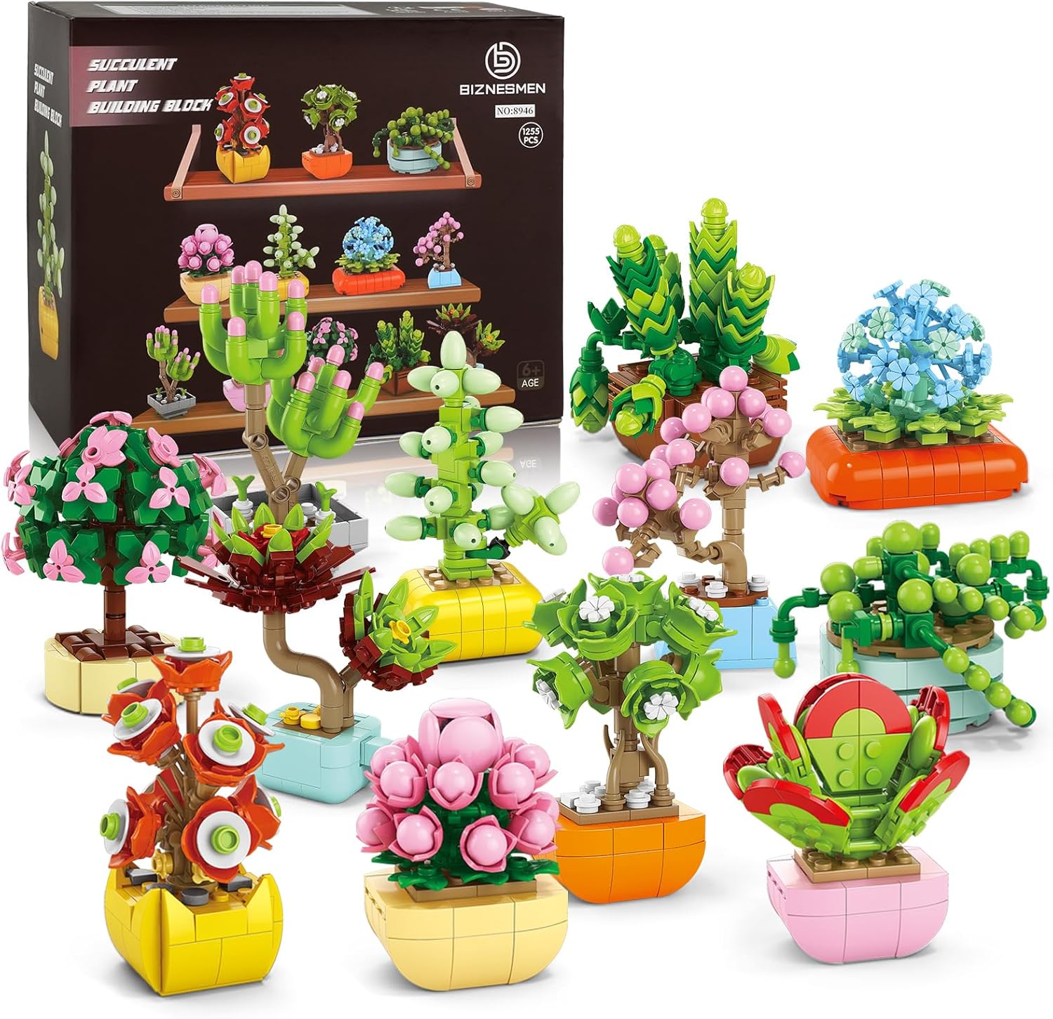 BIZNESMEN 12 Pack Succulent & Flower Building Block Set, 1255 PCS Botanical Garden DIY Kit – STEM Toy Gift for Girls & Women Age 6+, Perfect for Mother's Day, Birthdays or Desk Decor