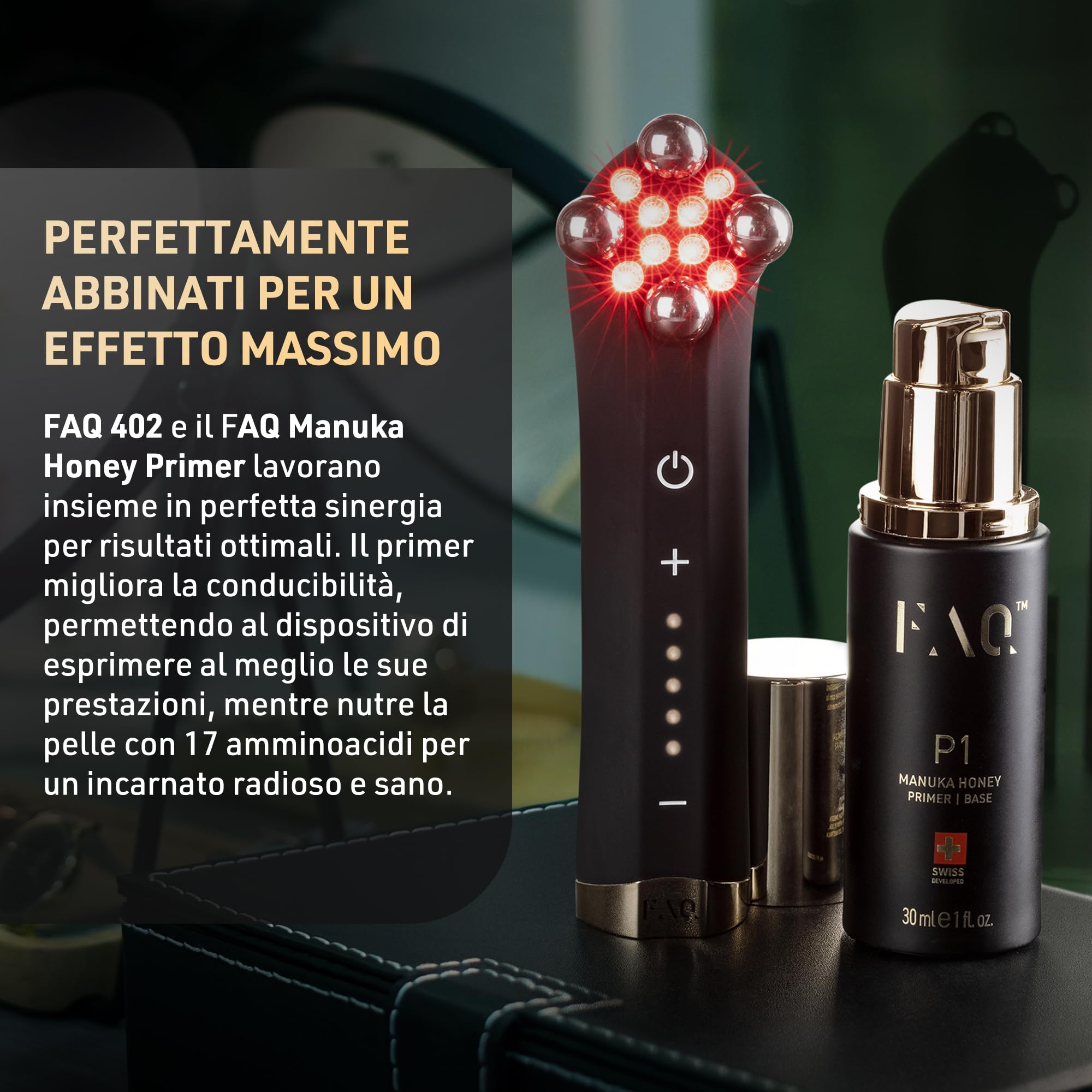 FAQ Sculpt & Glow Set - Dispositivo FAQ 402 A Microcorrente + Siero P1 | Dispositivo A Microcorrente, Massaggiatore Viso, Lifting, Drenaggio Linfatico, LED, Siero, Tonificazione, Luminosità
