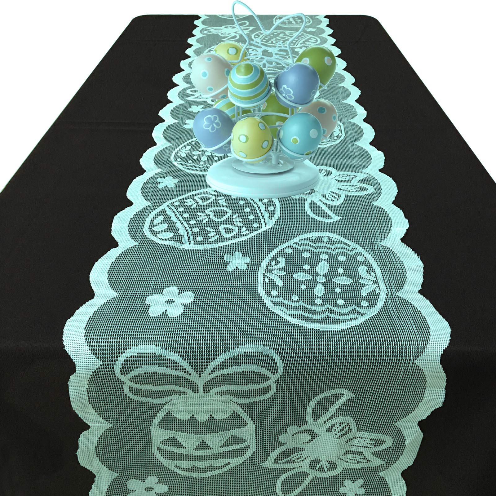 Joysail Lace Easter Table Runner - 72 Inches Long - Spring Floral Pattern - Blue