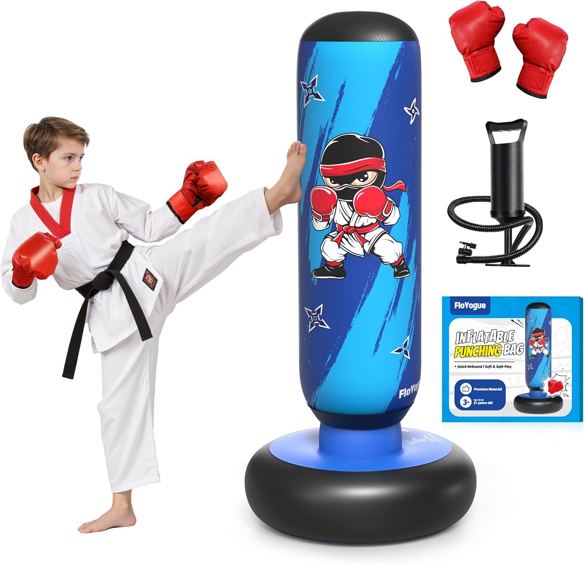64 Inch Punching Bag for Kids, Kids Punching Bag with Gloves and Pump | Inflatable Toddler Punching Bag Toys & Gifts for Boys and Girls Ages 3-12 for Karate, Taekwondo, Active Play