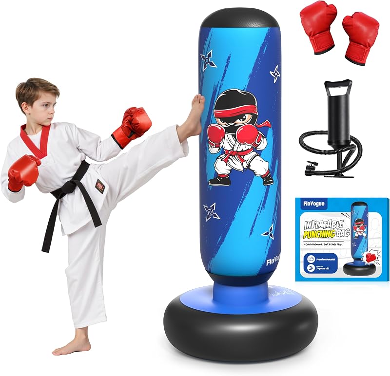 64 Inch Punching Bag for Kids, Kids Punching Bag with Gloves and Pump | Inflatable Toddler Punching Bag Toys & Gifts for Boys and Girls Ages 3-12 for Karate, Taekwondo, Active Play