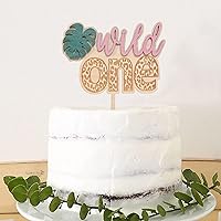 Vista 5 de Decoración para pastel de madera, leopardo rosa, hoja de palma tropical, decoración de primer cumpleaños, temática de safari en la selva, 6.1 x 8