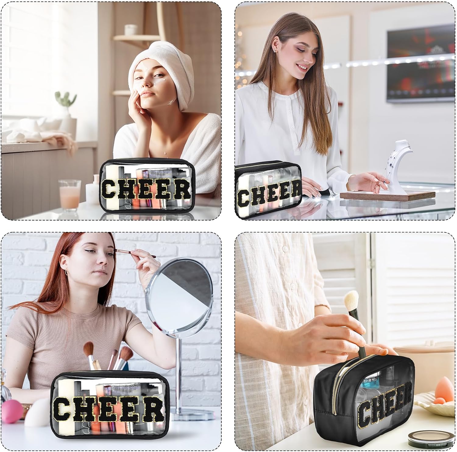 Abbylike Cheer Clear Makeup Letter Bag Cosmetic Zipper Cheers Pouch Chenille Patch Cheerleader Gifts Preppy Cheer Nylon Handmade Toiletry Bags for Women Girls Gifts (1, Black) - Image 5