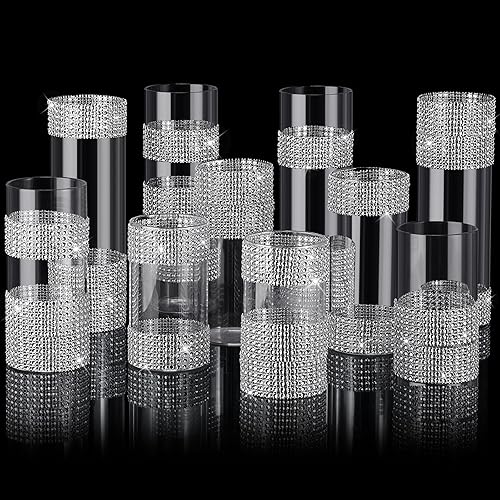 18 piezas de jarrón cilíndrico de vidrio transparente para centros de mesa con 6 filas de 5 yardas, cinta de diamantes de imitación para decoración