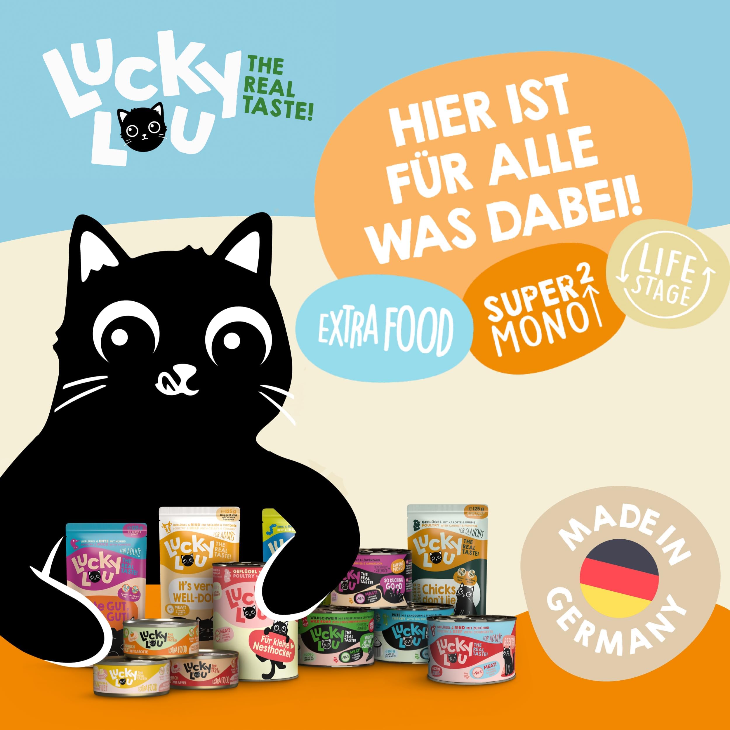Lucky Lou Probier-Paket mit Katzenfutter nass und trocken & Katzen-Leckerlis in verschiedenen Sorten - Katzen-Leckerlie, Nassfutter & Trockenfutter ohne Getreide & Zucker im Mix