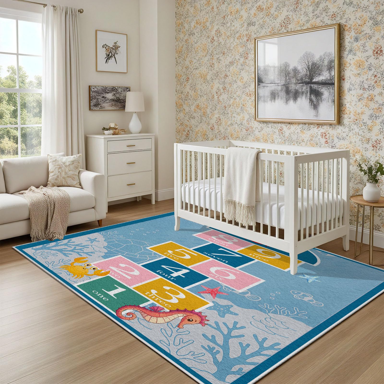 Hüpfspiel Meer Teppich Schlafzimmer 120x180 cm, Zahlen Hopscotch Waschbarer Antirutschmatte Teppiche Kinderzimmer Seepferdchen Carpet Weich für Wohnzimmer Jugendzimmer