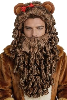 Lion Wig and Beard Set - Brown Curly Lion Mane Wig with Detachable Beard...