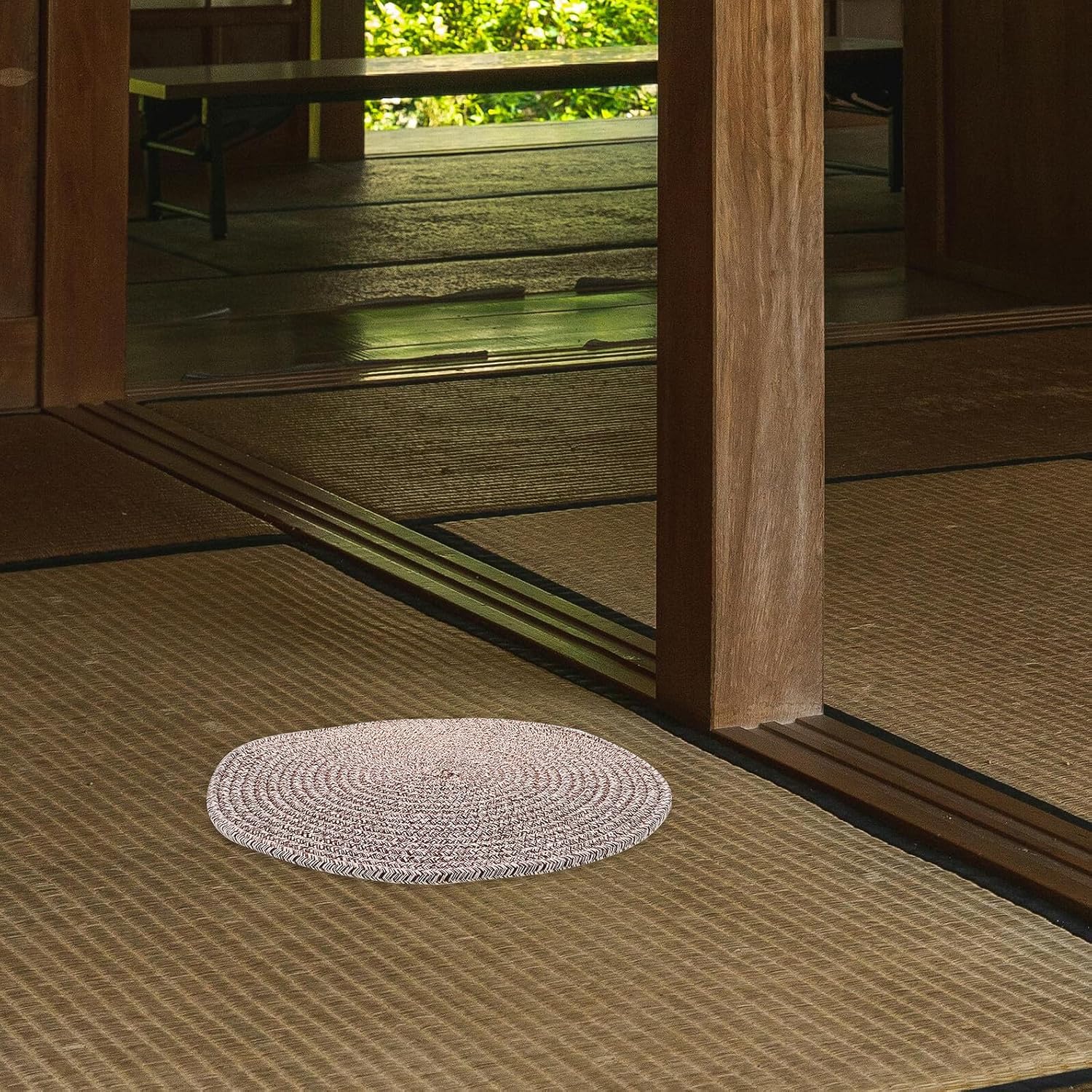 KICHOUSE Japanese Woven Floor Pillow Round Sitting Cushion 40cm Diameter Khaki Tatami Seat Pad for Small Spaces Yoga Meditation Picnic Floor Mat