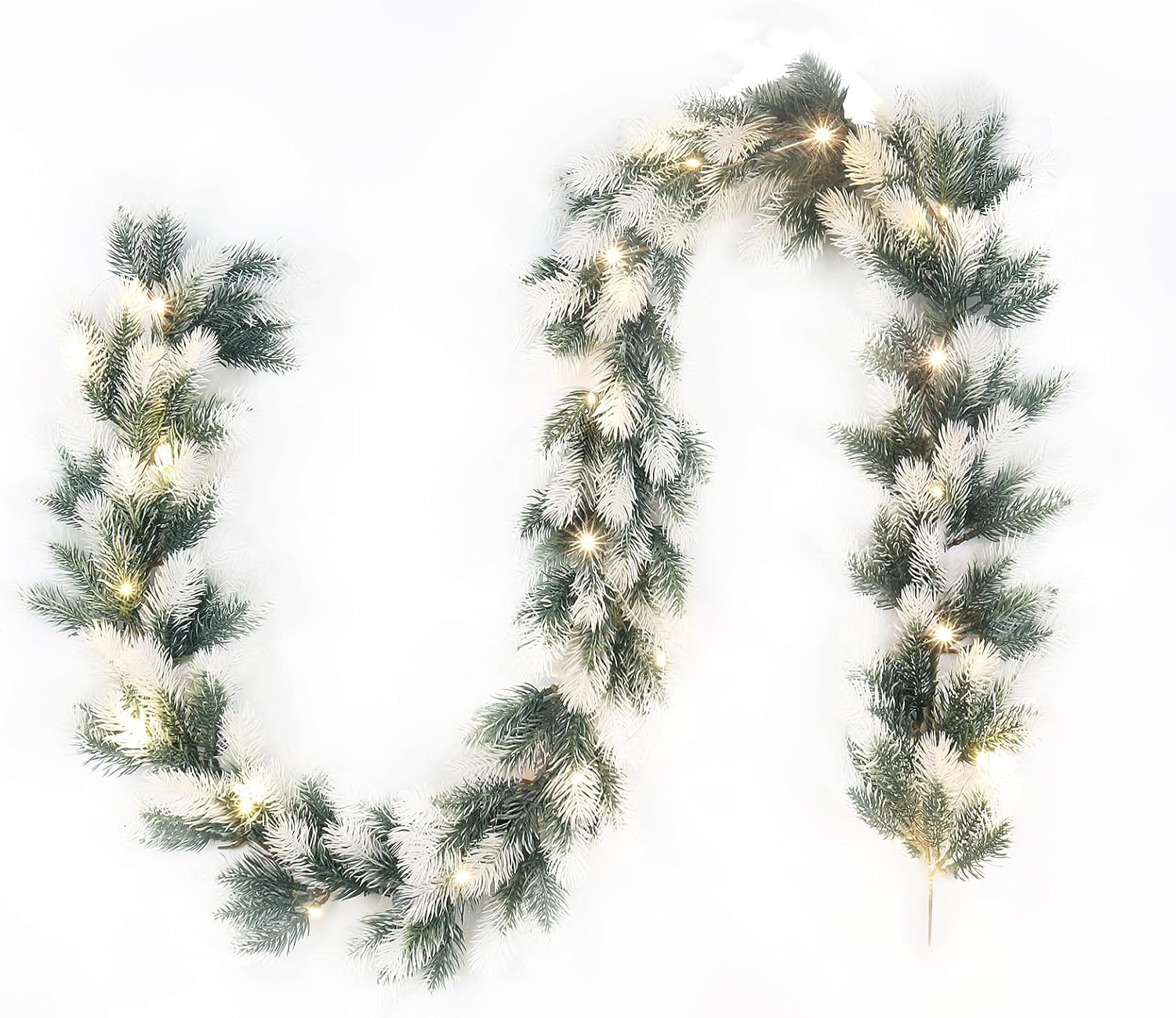 RECUTMS Artificial Christmas Pine Tree Wreath 6.4ft Frosted Pine Cypress Wreath 10.8ft LED String Lights Realistic Pines Tree Garland Decoration for Fireplace Indoor Home Christmas Decoration (White)