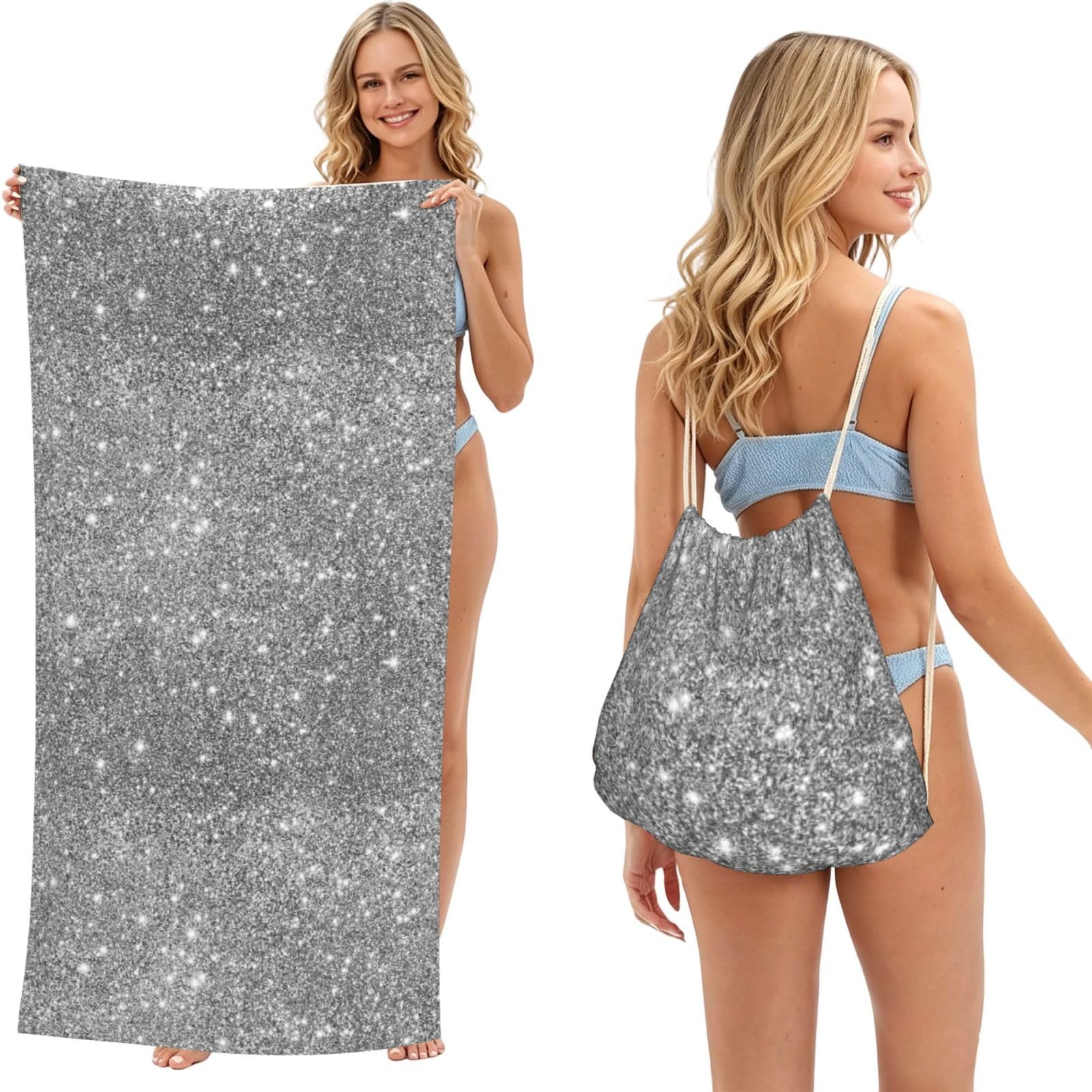 Poadnly As Picture Silver Glitter Sparkles, 2 In 1 Packable Towel Bag, Beach Towels With Drawstring Backpack For Travel Holiday Camping