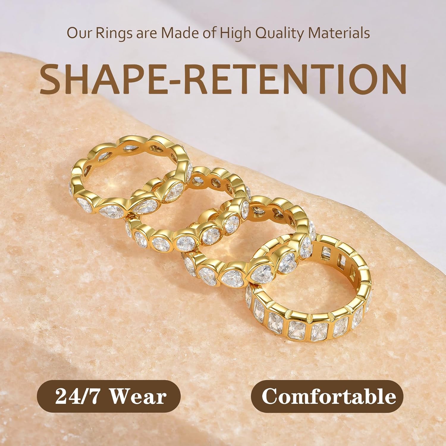 NUZON 4PCS Gold Cubic Zirconia Rings Set for Women Sparkly 14K Gold Plated Stainless Steel Stackable Ring Non-Tarnish Statement/Love/Eternity/Promise Band Jewelry for Engagement Wedding Finger 6-10 - Image 4