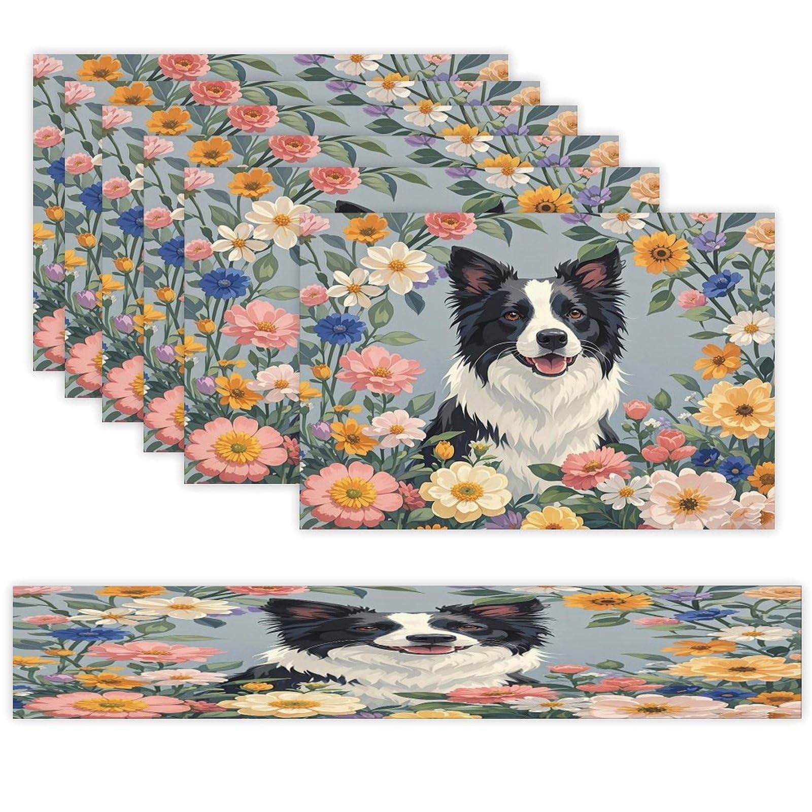 Border Collie Florals Table Runner and Placemats of 6 Washable Heat Resistant Place Mats with Table Runner Vintage Holiday Table Mat Set for Holiday Party Kitchen Dining Deco